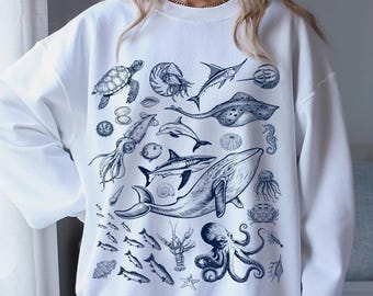 Sudadera vintage con animales marinos, suéter retro del océano, linda camiseta de criaturas marinas, regalo de vida marina para amantes del océano, suéter marino vintage de los años 90