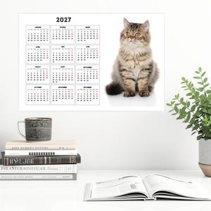 Calendrier 2027 à Imprimer avec Photo de Chat – Vue Annuelle 12 Mois – Format Une Page – Fichier PDF Téléchargeable