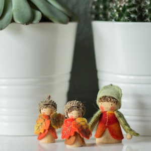 Puede incluir: Tres pequeñas muñecas de fieltro con diseños de hojas de otoño se encuentran frente a dos macetas de cerámica blanca con suculentas verdes. Las muñecas llevan ropa de colores otoñales y tienen caras pintadas.