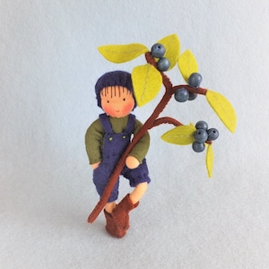 May include: A felt doll with brown hair and a blue outfit holding a brown stick with green leaves and blue berries.