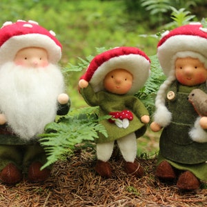 May include: Three felt mushroom dolls with red and white mushroom caps. The dolls are wearing green clothing and have white faces with painted features. The doll on the left is holding a mushroom. The doll in the middle is wearing a red and white mushroom cap and has a white face with painted features. The doll on the right is wearing a red and white mushroom cap and has a white face with painted features. The doll on the right is holding a small brown bird.