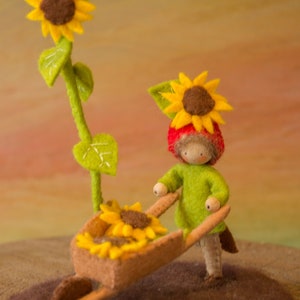May include: A felt doll wearing a sunflower hat pushes a wheelbarrow full of sunflowers. The doll is wearing a green shirt and red pants. The wheelbarrow is brown and has a wooden handle. The doll and wheelbarrow are sitting on a brown felt surface.
