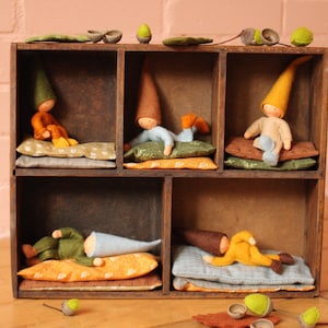 May include: A wooden shelf with six compartments, each containing a felt doll with a pointed hat. The dolls are lying down or sitting on small felt cushions. The shelf is decorated with small acorns.