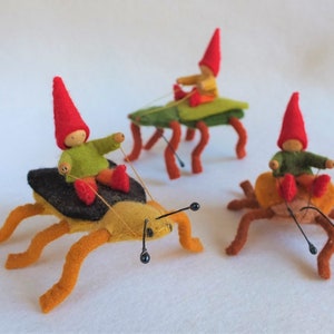Puede incluir: Tres figuras de gnomos de fieltro montando juguetes de insectos de fieltro. Los gnomos llevan sombreros rojos y camisas verdes. Los insectos son verdes, amarillos y marrones con ojos negros.
