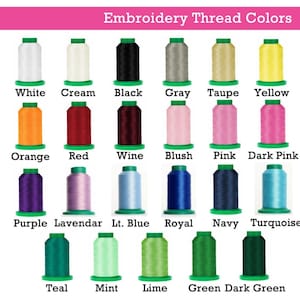 Puede incluir: Una exhibici&oacute;n de carretes de hilo de bordar en varios colores, incluyendo blanco, negro y tonos de rosa, azul y verde. Cada carrete est&aacute; etiquetado con su nombre de color, como "Naranja", "Navy" y "Teal". El texto "Embroidery Thread Colors" est&aacute; en la parte superior.
