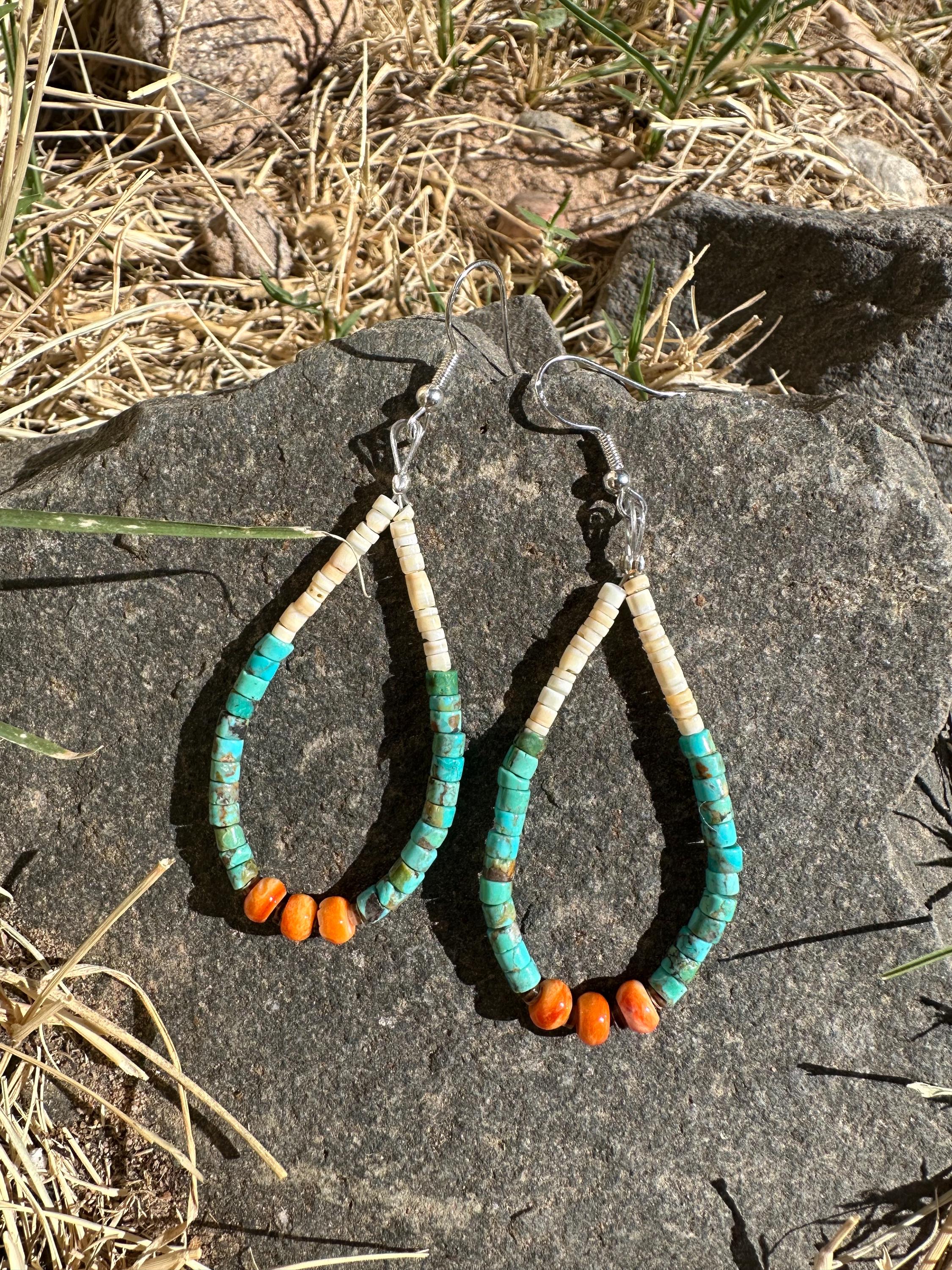 Pueblo Jacla Earrings Handmade with Melon Shell Heishi Beads Royal Beauty Turquoise and Spiny Oyster Accents