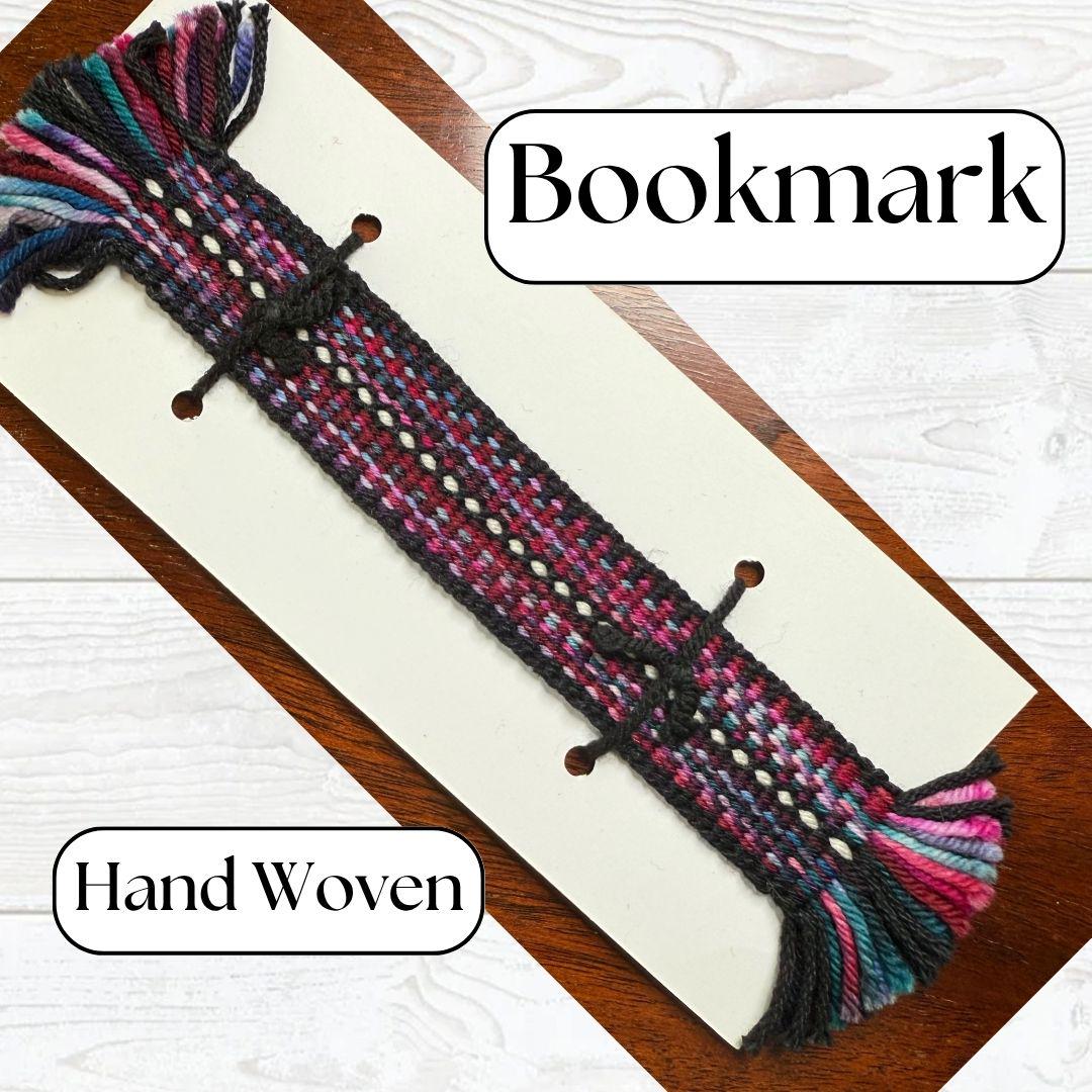 Handwoven Bookmark with Hand Dyed Wool Inkle Loom Woven Bookmark Variegated Purple Blue Red Black Cotton Accent 9 Inch Bookmark
