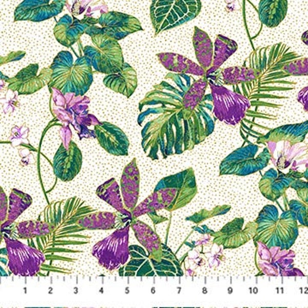 Shimmer Paradise, Metallic White, Green and Purple Floral  Fabric Sold by the HALF YARD, Northcott, 25247M-10