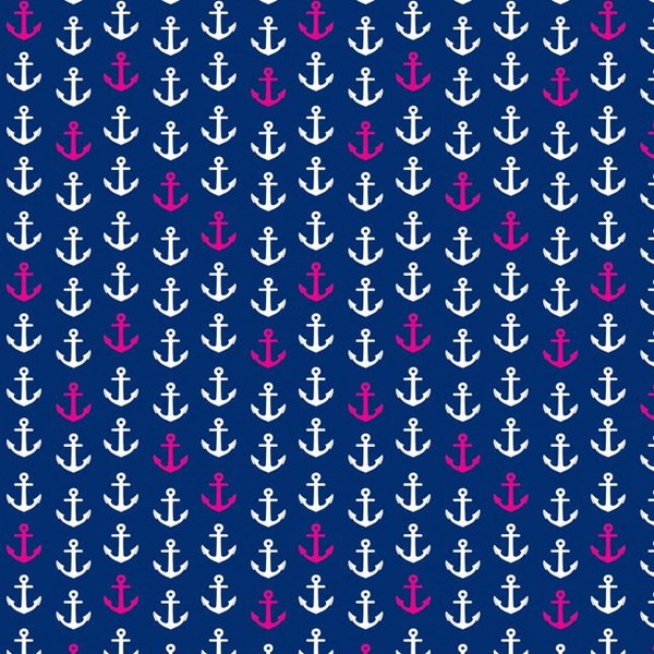 Anchors Away, Navy, White, and Hot Pink Anchor Fabric by the Yard, Emma & Mila