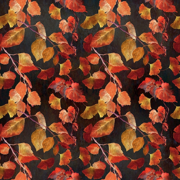 Reflections of Autumn II, Dark Grey Brown Black Red and Green Vibrant Leaf Fabric by the HALF Yard, In the Beginning, IBFREAT21-RA-1