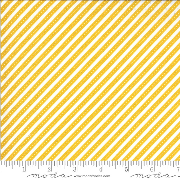 On the Go, Backhoe, Yellow and White, Diagonal Striped, Fabric by the HALF Yard, Moda Fabric