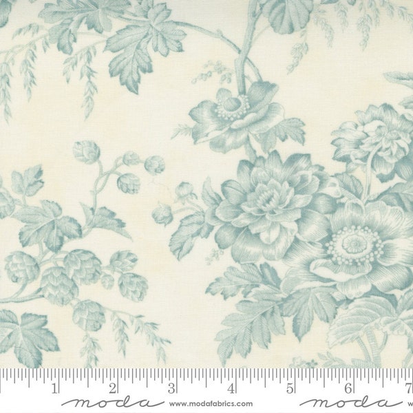 Sister Bay Cloud sky Fabric by the HALF Yard, Moda Fabric by 3 Sisters.  Cream background with Soft mint green/blue flowers