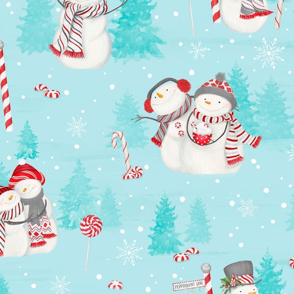Frosty Merry-Mints, Teal Scenic Snowmen, Christmas/Holiday, Fabric Sold by the HALF Yard, Wilmington Prints