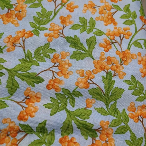 Fresh as a Daisy, Blue, Orange, and Green, Berry and Leaf Fabric priced  by the HALF Yard, Maywood Studio