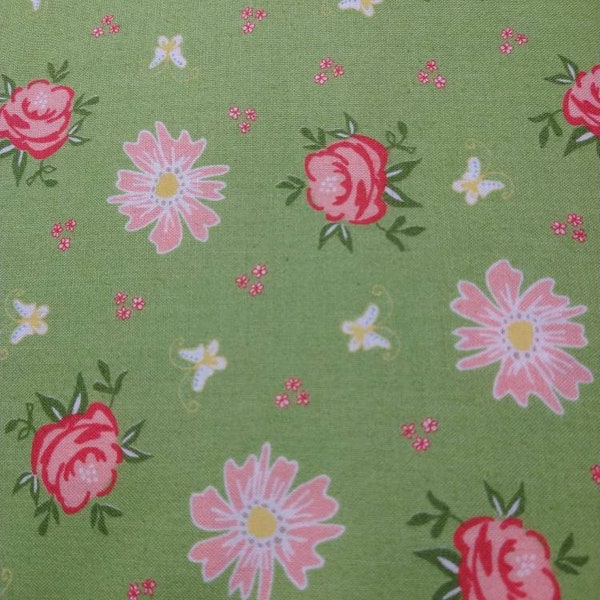 Harpers Garden, Bright Green and Pink, Butterfly and Flower Fabric by the HALF Yard, Moda Fabrics