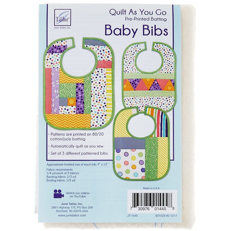 June Tailor - Quilt As You Go Baby Bibs - Patterns printed on cotton/poly  batting - Set of 3 different patterned baby bibs