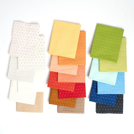 Eyelet Charm Pack, (42) 5"x5" Coordinating Fabric Squares, Eyelet Design, Dot Flowers in a Range of Colors, Moda, 20488PP