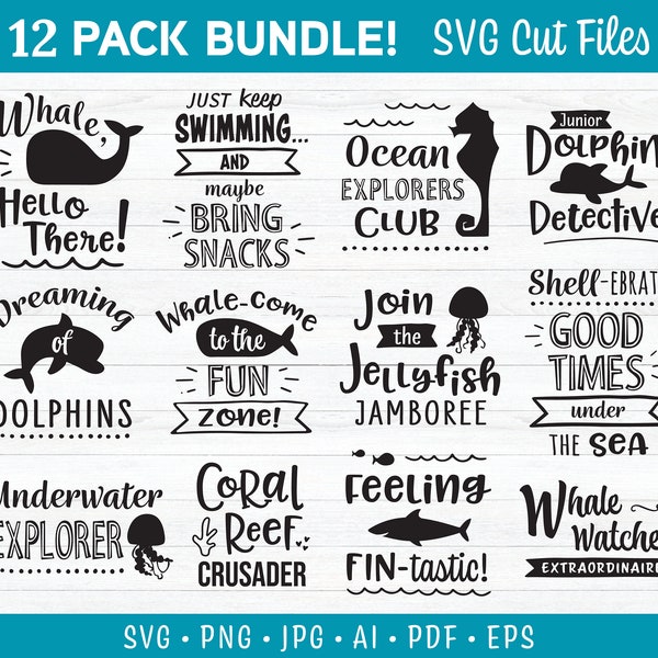 Ocean SVG Bundle, Instant Download, Cut Files for Cricut, Kids SVG, Whale, Shark, Dolphin, Jellyfish, SVG Shirt, Phrases, SVG001