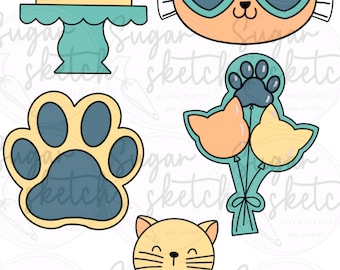 May include: A set of five cookie cutters featuring a cat wearing sunglasses, a cat on a cake stand, a cat paw print, a bouquet of cat-shaped balloons, and a cat peeking out of a cloud. The cookie cutters are all outlined in black and filled with various shades of yellow, orange, blue, and green.