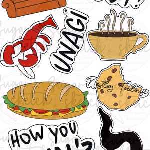 May include: A set of nine Friends TV show themed cookie cutters. The cutters are in the shape of a couch, a lobster, a coffee cup, a cookie, a sandwich, a dog, and three phrases: "Pivot!" "Unagi!" and "How you doin'?"