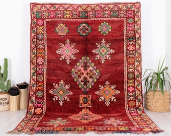 Vintage Moroccan Rug, Red Boujaad Rug, 7x10 FT