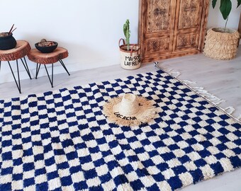 Blue Moroccan Rug, Checkered Rug, Checker Rug 5x8 FT