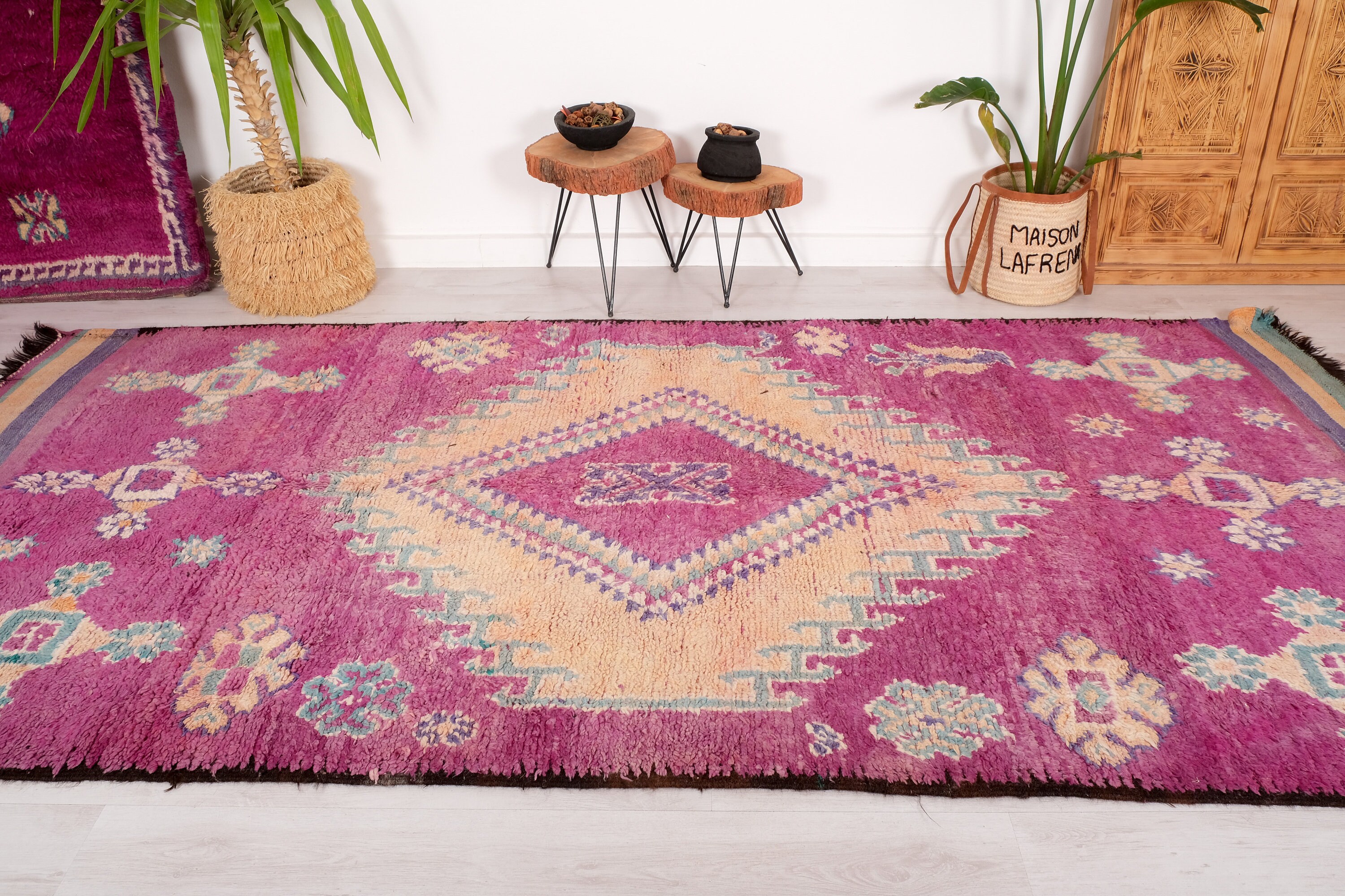 モロッコ　ラグ　ヴィンテージ　パープル ヴィンテージ モロッコ ラグ、パープル ブジャード ラグ 4 x 11