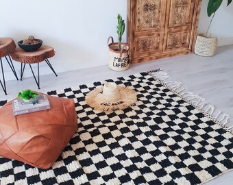 Geruit Marokkaans tapijt, zwart geruit tapijt 4x8 FT