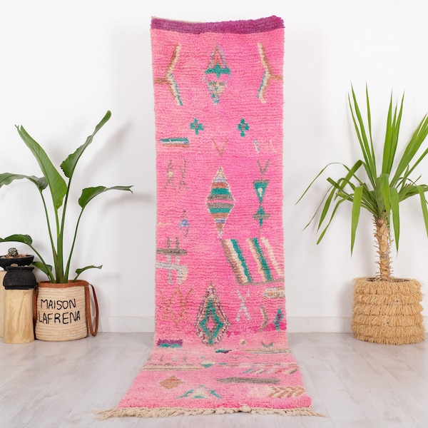 Vintage Pink Runner Rug, Moroccan Berber Hallway Runner Rug, 2x10 ft