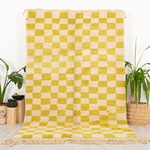Checkered Moroccan Rug, Yellow Berber Checker Rug 6x9 FT