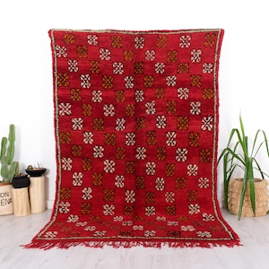 Vintage Moroccan Rug, Authentic Red Boujaad Rug, 6x9 FT