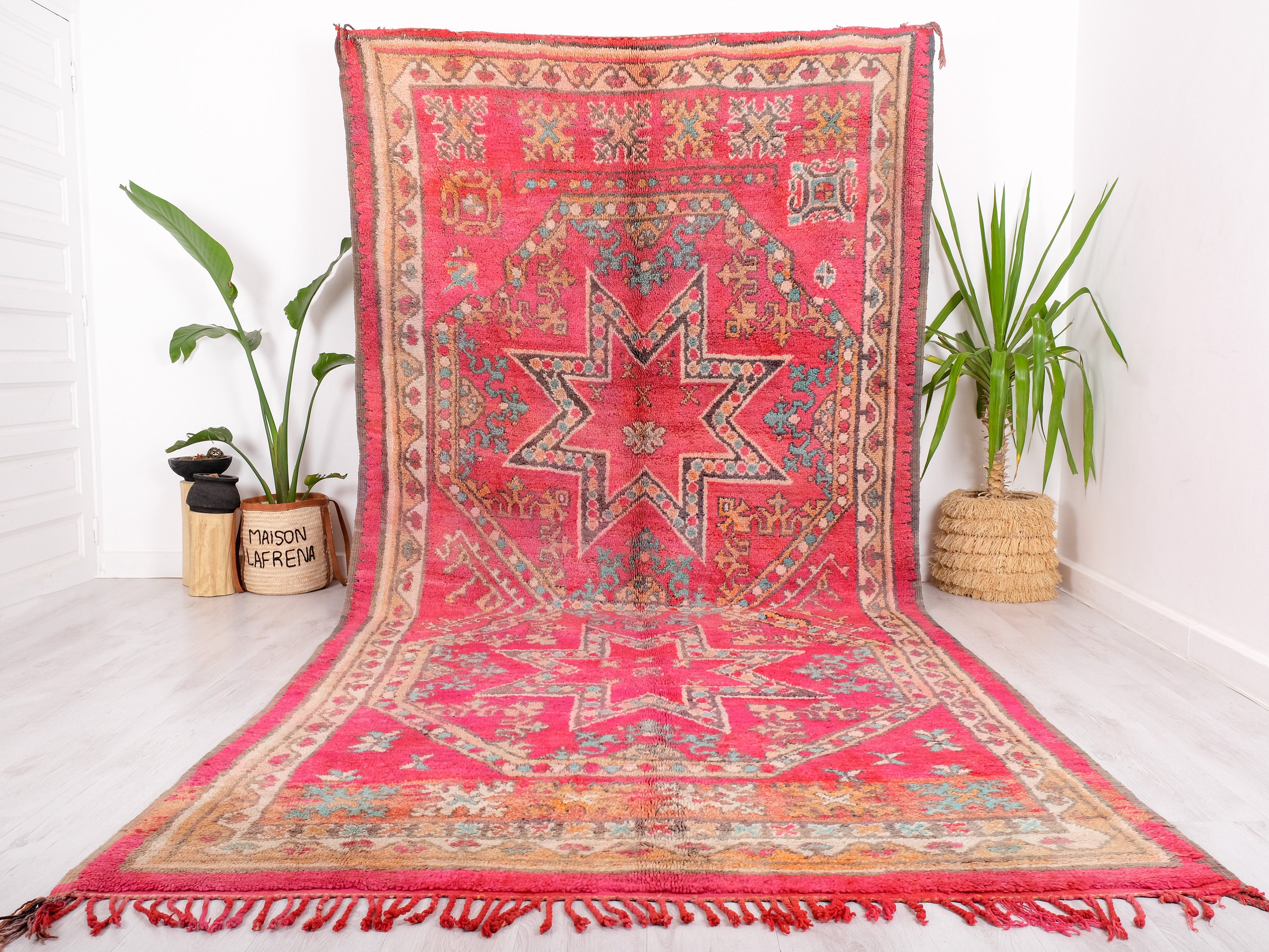 ヴィンテージモロッコラグ、ピンクブージャードラグ、7 x 13フィート