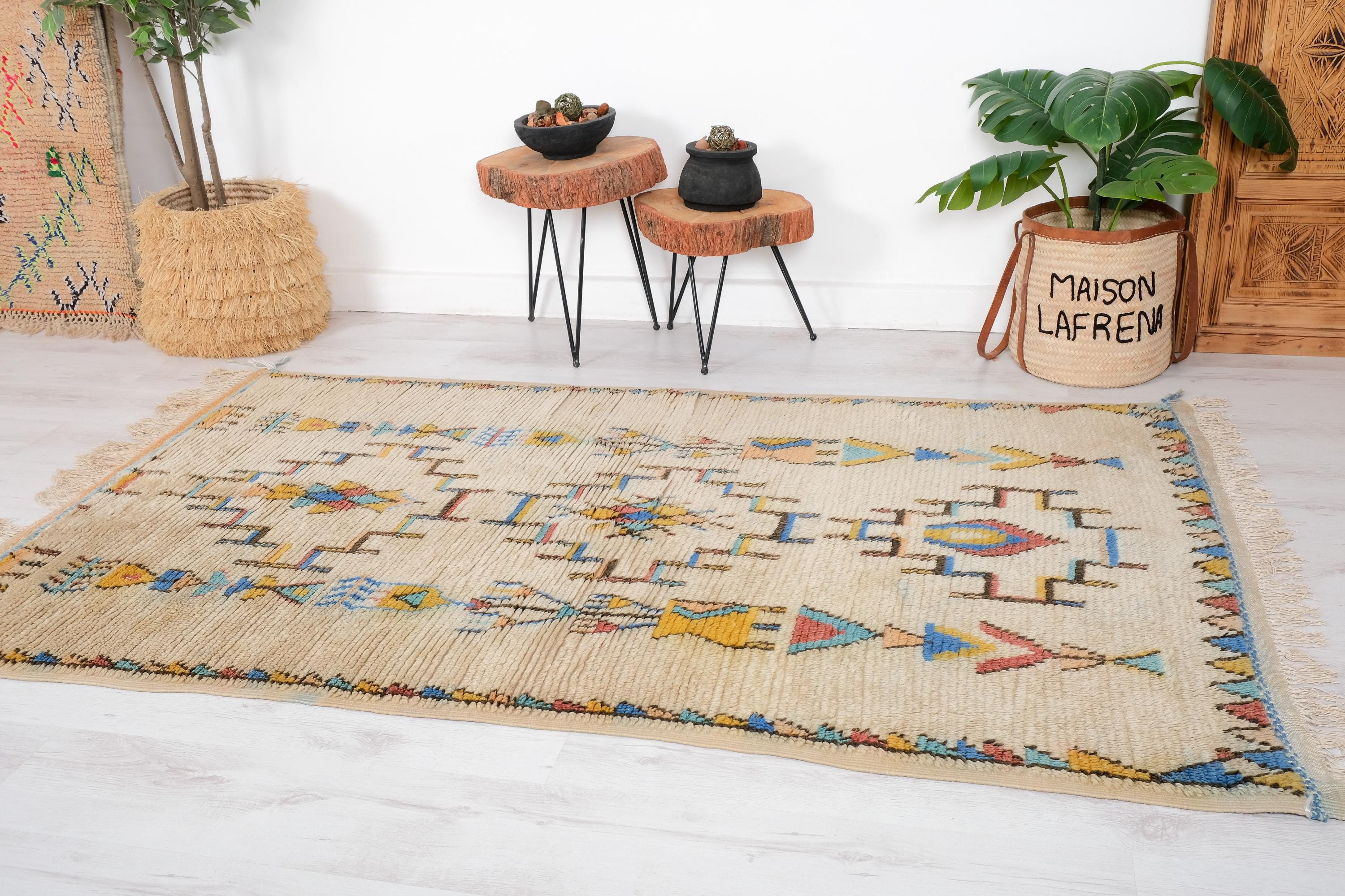 ヴィンテージ アジラル ラグ、本物のモロッコ製ラグ、4 x 7 フィート