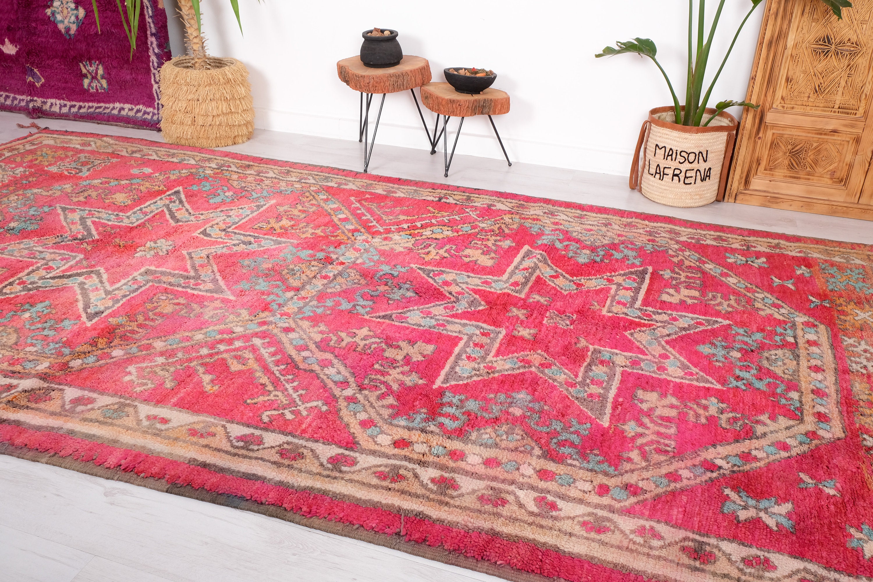 ヴィンテージモロッコラグ、ピンクブージャードラグ、7 x 13フィート