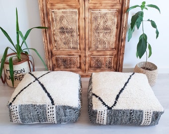 Set of 2 Moroccan Kilim Poufs , Beni Ourain Floor Pillow, Floor Cushion