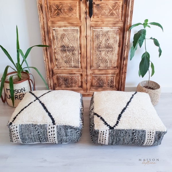 Set of 2 Moroccan Kilim Poufs , Beni Ourain Floor Pillow, Floor Cushion