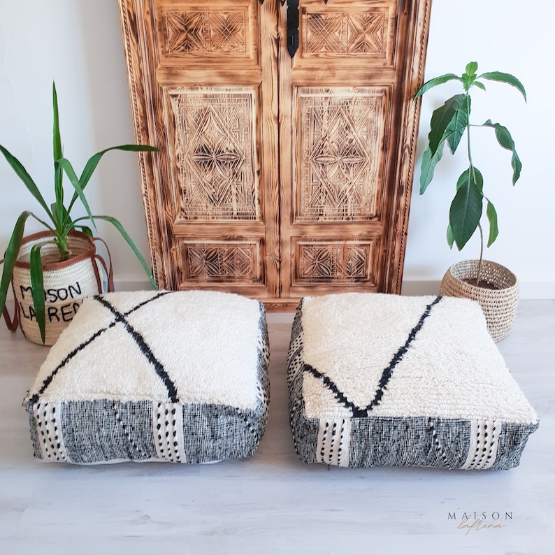 Set of 2 Moroccan Kilim Poufs , Beni Ourain Floor Pillow, Floor Cushion image 1