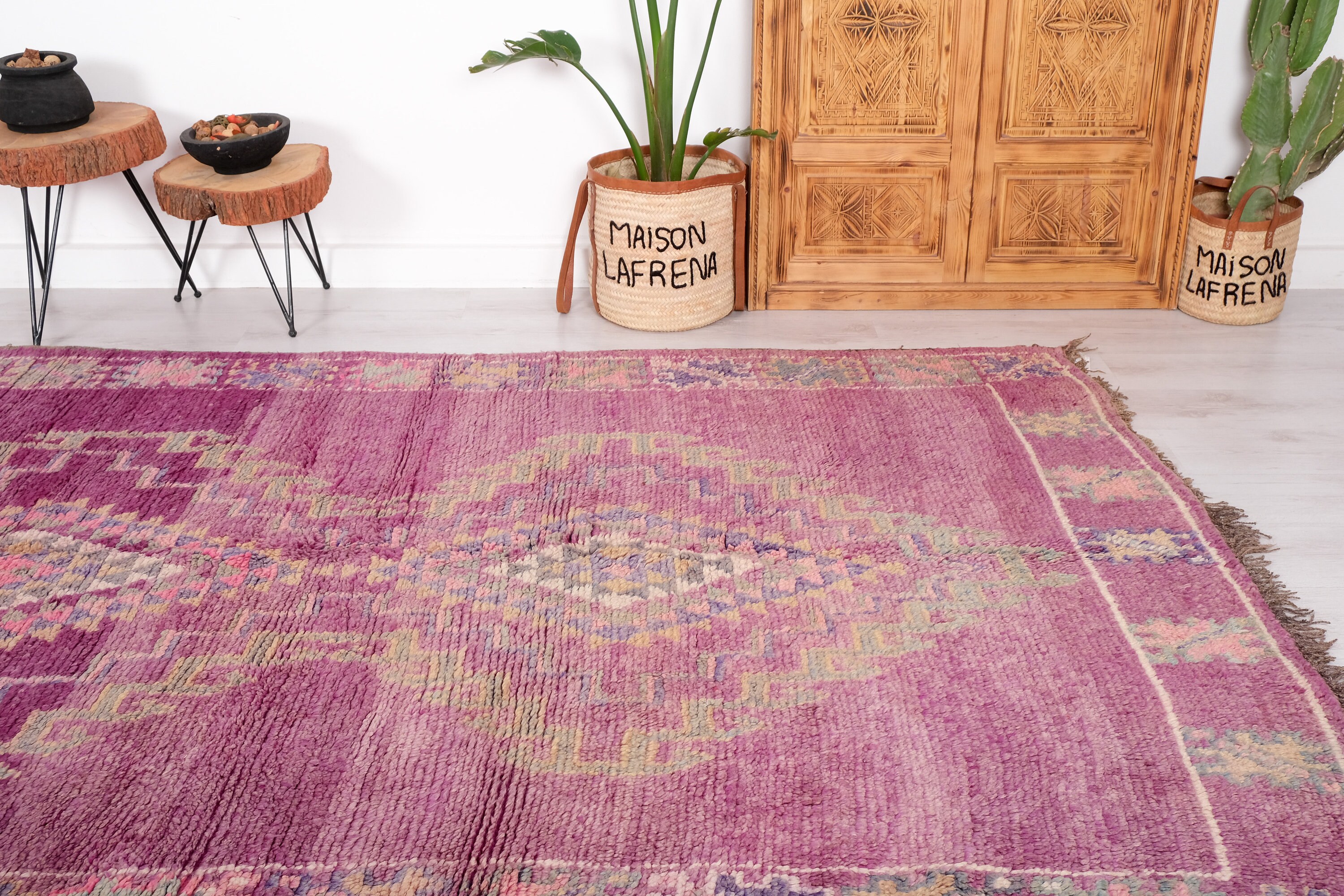 モロッコ　ラグ　ヴィンテージ　パープル ヴィンテージ モロッコ ラグ、パープル ブジャード ラグ 7 x 13