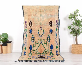 One of a Kind MOROCCAN RUG, Handmade VINTAGE Area Rug 6x11, Geometric Faded Yellow & Blue Rug, Boho Antique Sheep Wool Floor Rug