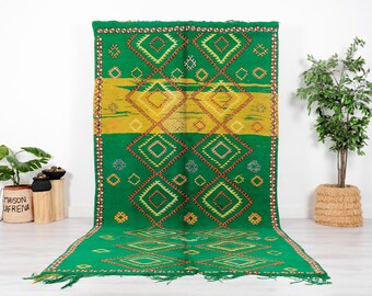 Vintage Green Boujaad Rug, Authentic Moroccan Rug, 6x11 FT