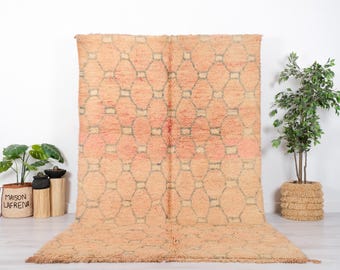 May include: A large, rectangular, peach-colored rug with a geometric pattern of overlapping circles. The rug has a subtle, faded look, giving it a vintage feel.