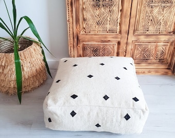 White Moroccan Kilim Pouf, Moroccan Floor Cushion