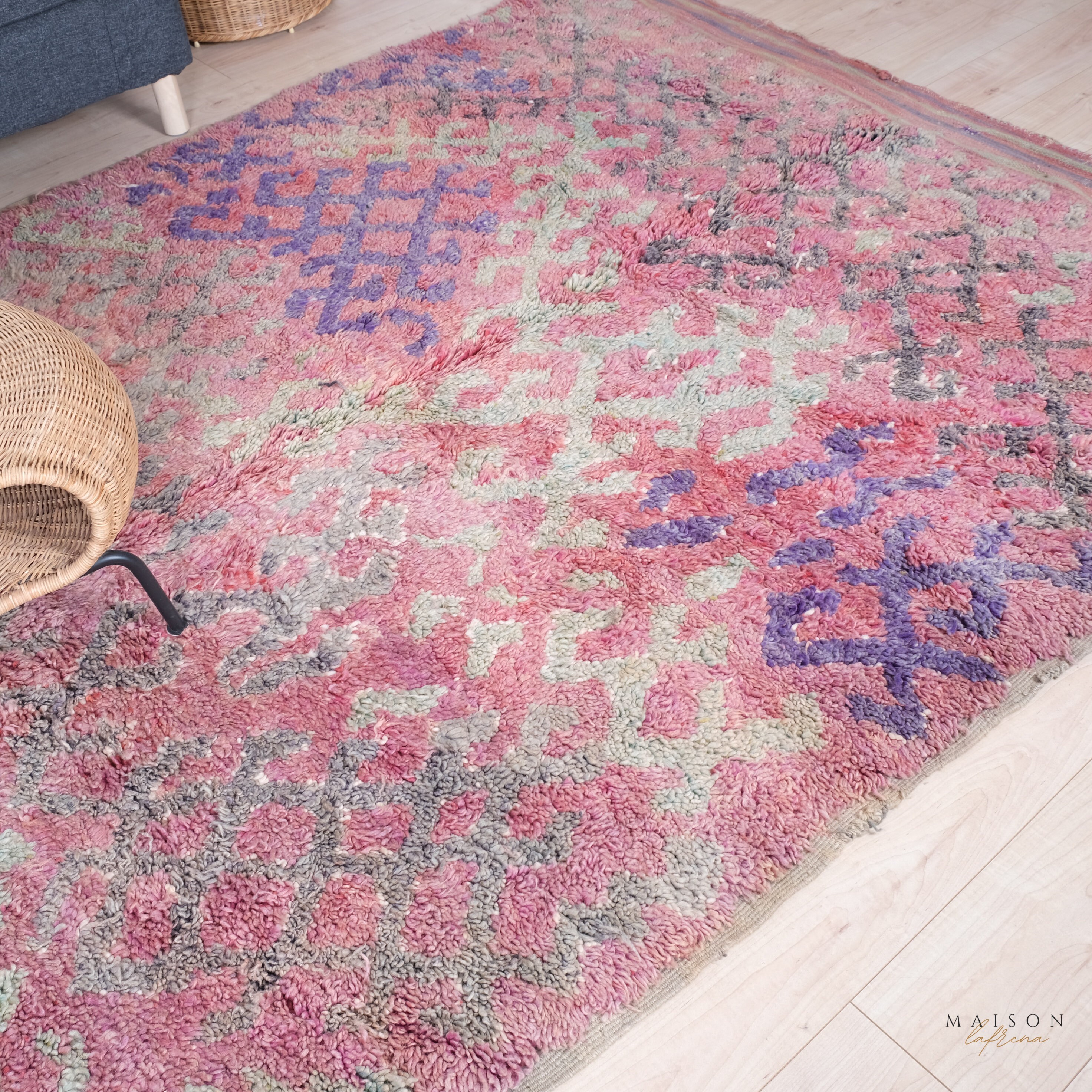 ヴィンテージパープルタルシントラグ、本物のモロッコラグ、7 x 14