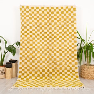 Checkered Moroccan Rug, Yellow Berber Checker Rug 5x8 FT