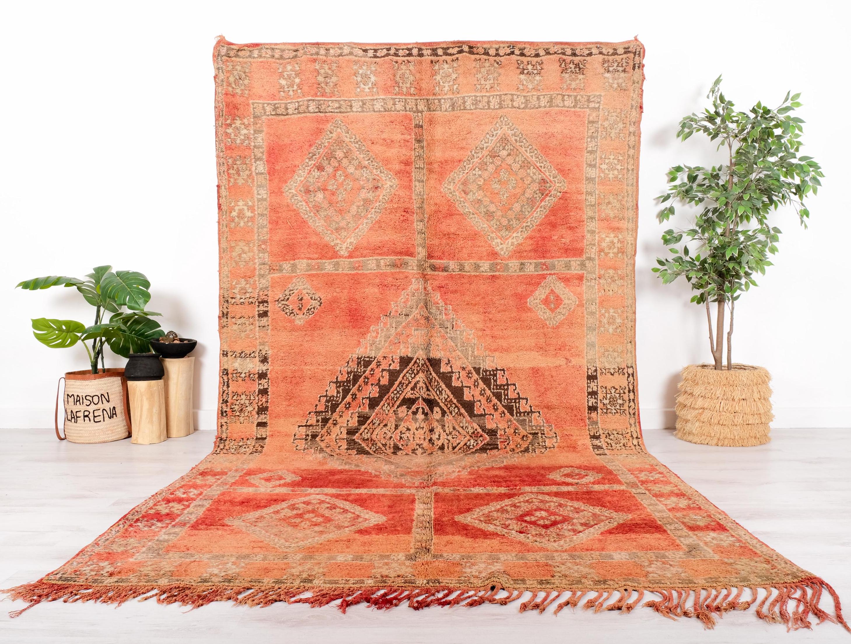 ヴィンテージ モロッコ ラグ、本物の赤いブージャード ラグ、7 x 12