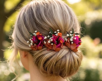 Horquillas para el cabello de novia en magenta y naranja, accesorios para el cabello de boda estilo boho, juego de horquillas florales, accesorio para el cabello de dama de honor