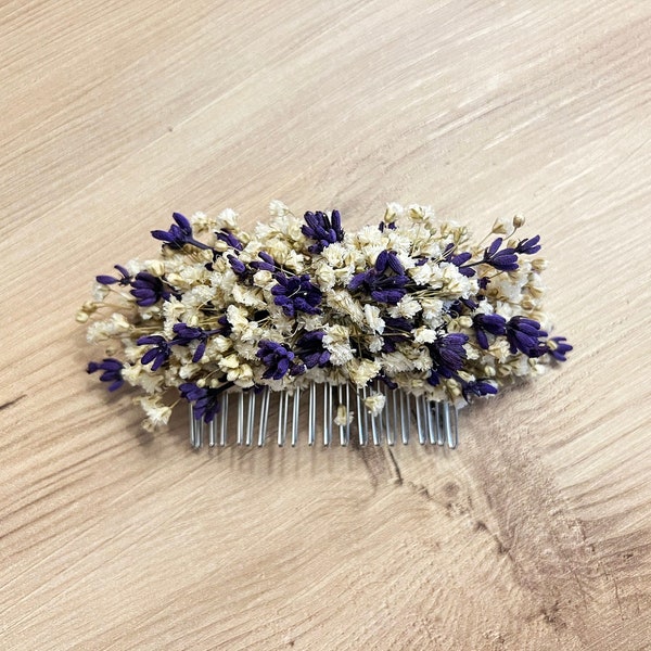 Peine de pelo de lavanda, peine de pelo floral seco, peine de pelo Baby's Breath & Lavander, peine de pelo de flores, pieza de pelo de flor nupcial