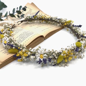Dried meadow flower crown, Wedding henna night birthday party Wreath, Yellow Rustic Flower Crown, Bridesmaid Wreath, Lavender flower Crown