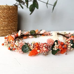 Pink Orange Dried Flower Crown, Boho Rustic Wedding Wreath