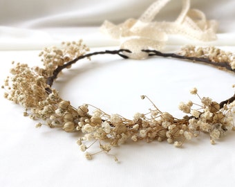 Dried Ivory Baby's Breath Flower Crown, Wedding Headband